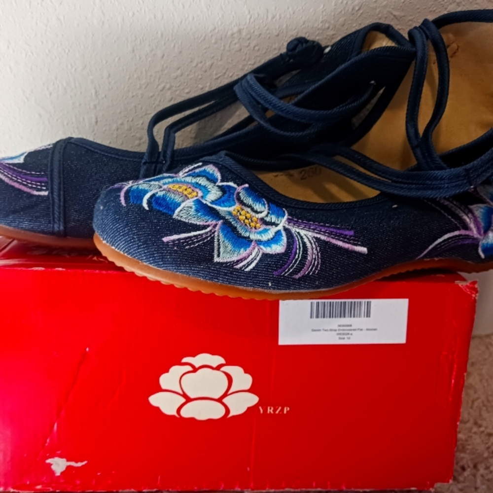 Denim Two-Strap Embroidered Flat